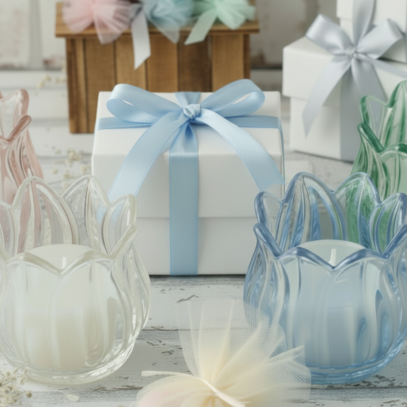 azzurro e pastelli packaging bianco avorio crema bordò colori candela vasetto vetro colorato forma fiori bocciolo rose decorativa cero lumino bomboniera matrimonio comunione cresima anniversario nozze 25 e 50 anni 18° compleanno laurea confezionata confetti bigliettino nastro coccarda scatola