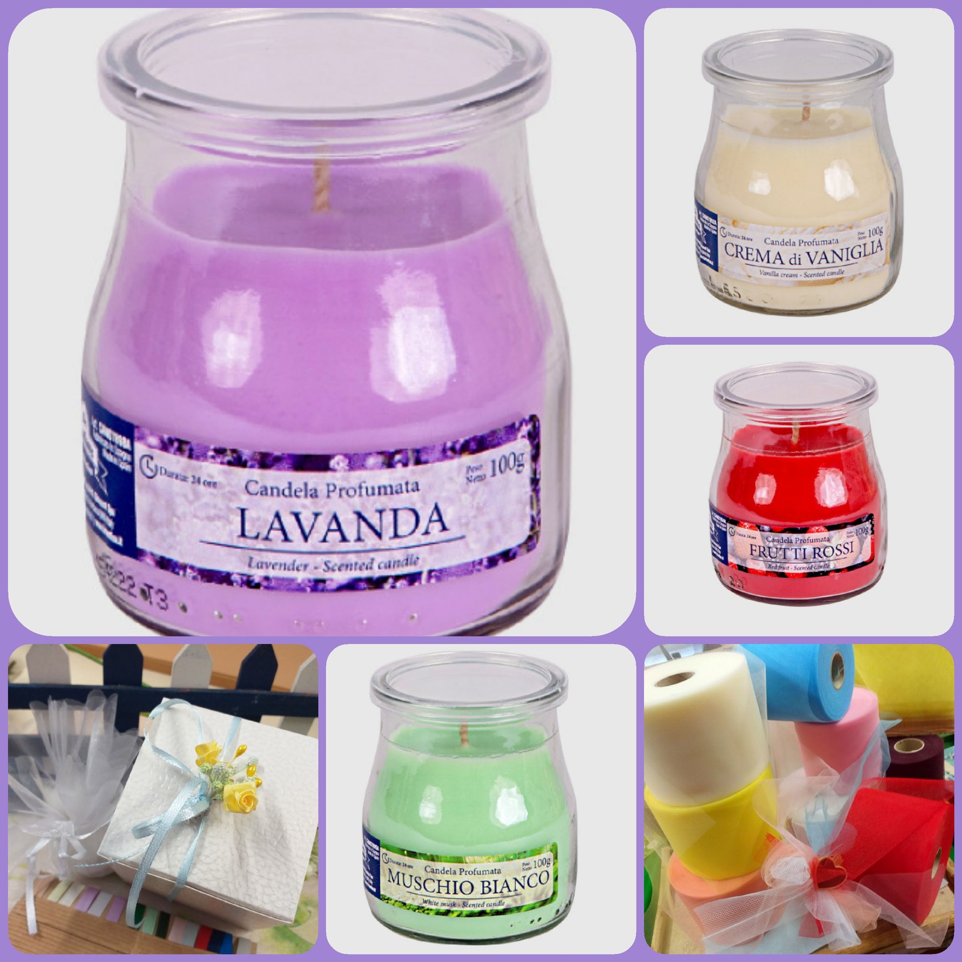 lilla lavanda crema vaniglia frutti rossi muschio bianco vasetto vetro barattolo candela profumata bomboniera uso fai da te o confezionata confetti per matrimonio comunione cresima laurea 18 anni compleanno anniversario nozze