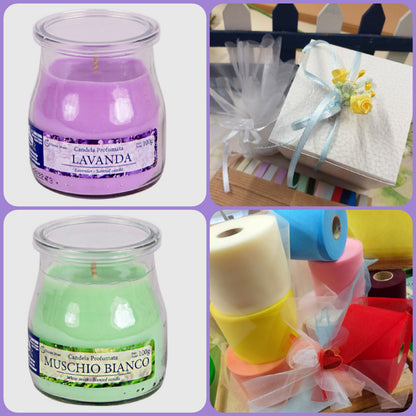 come confezionare vasetto vetro barattolo candela profumata bomboniera lavanda muschio bianco uso fai da te o confezionata confetti per matrimonio comunione cresima laurea 18 anni compleanno anniversario nozze