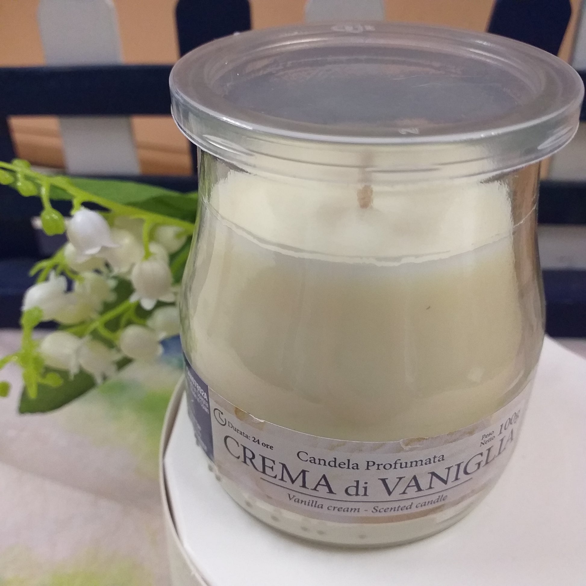 durata 24 ore vanilla cream scented candle crema di vaniglia candela profumata peso 100 g vasetto vetro barattolo lumino cera