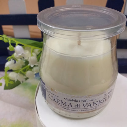 durata 24 ore vanilla cream scented candle crema di vaniglia candela profumata peso 100 g vasetto vetro barattolo lumino cera