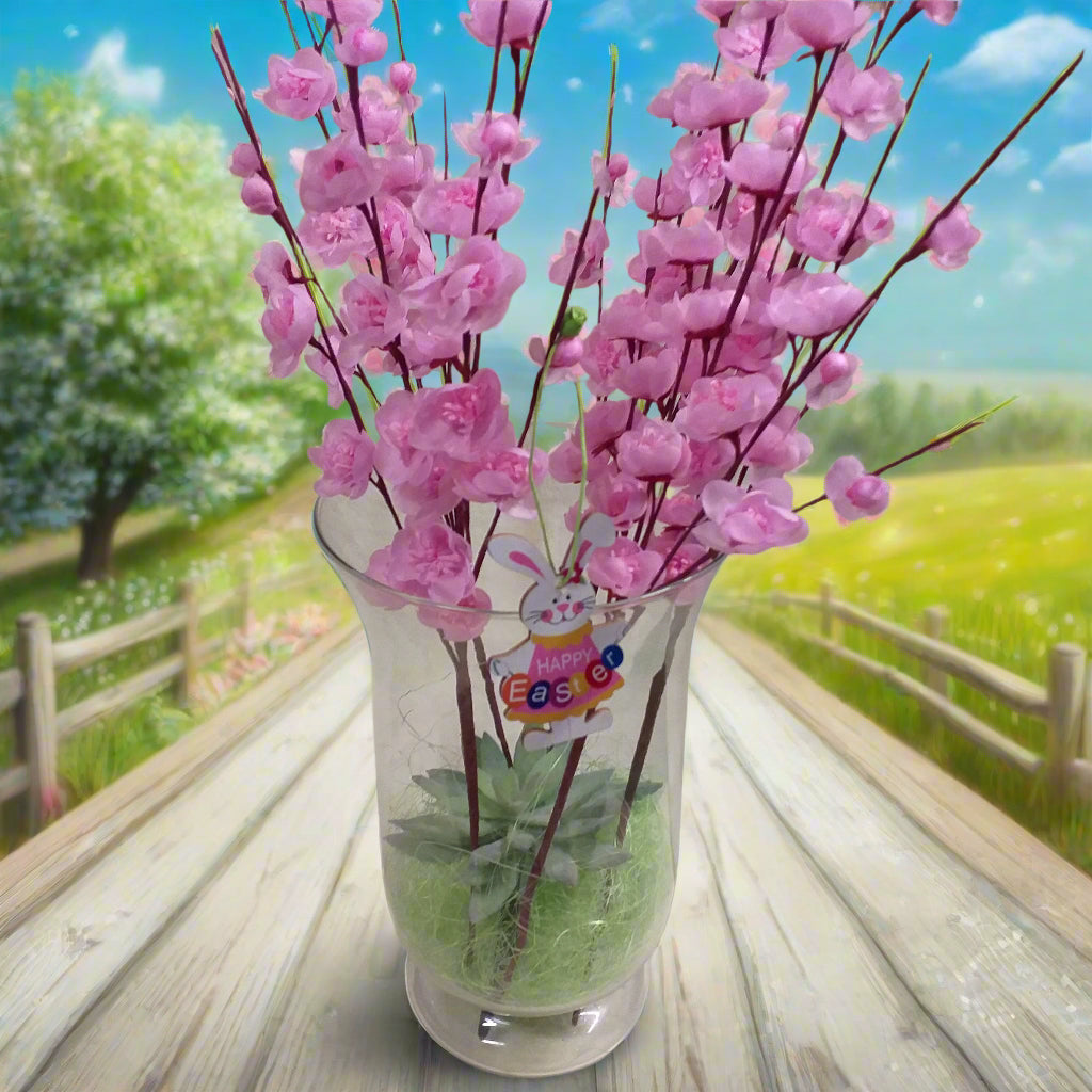 vetrina fiori di pesco finti artificiali rosa chiaro composizione vaso vetro piantina grassa sisal riempitivo verde idea fai da te addobbi decorazioni vetrine negozio primavera pasquale