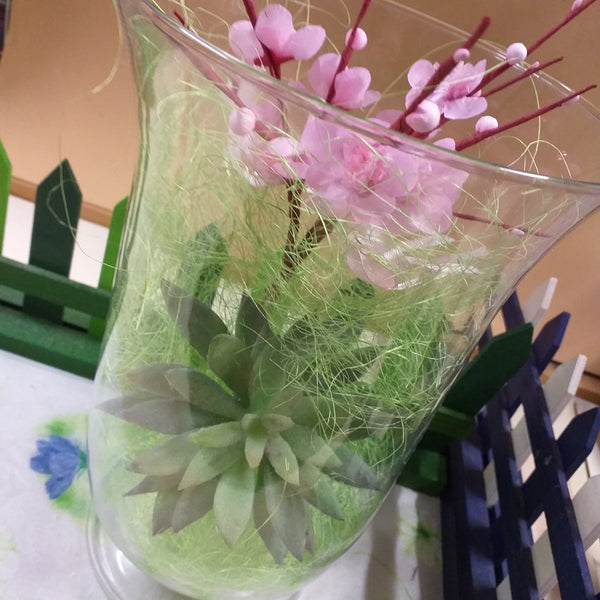 vaso di vetro composizione fiori finti di pesco piantina grassa artificiale per centrotavola vetrinistica fili di erba sisal verde riempitivo