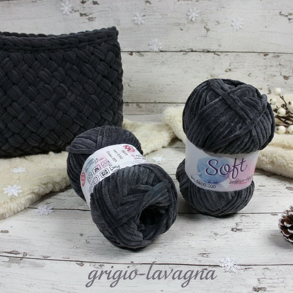 grigio lavagna Cucirini Tre Stelle lavori a maglia velluto velvet ciniglia lana  gomitolo 100 g filato uncinetto amigurumi cordino fettuccia crochet borse sciarpe cappelli berretti scaldacollo