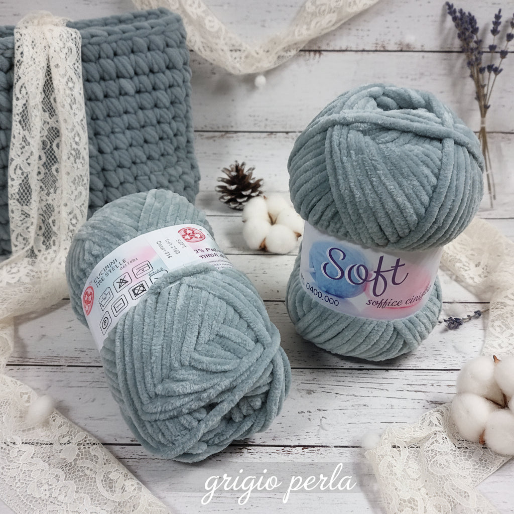 grigio perla Cucirini Tre Stelle lavori a maglia velluto velvet ciniglia lana  gomitolo 100 g filato uncinetto amigurumi cordino fettuccia crochet borse sciarpe cappelli berretti scaldacollo