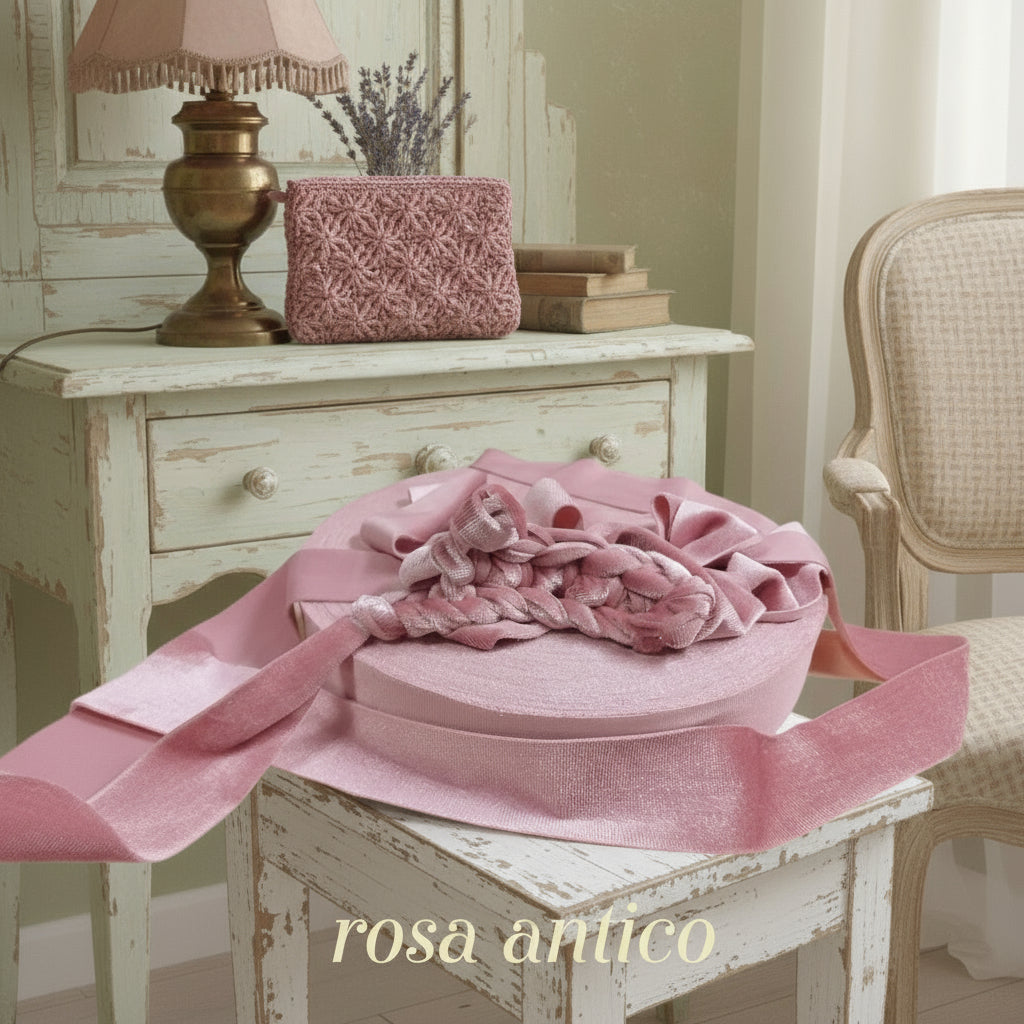 maglina rosa antico velvet crochet fettuccia velluto per borse uncinetto pizza per clutch bags pochette cerimonia matrimonio eleganti borsette