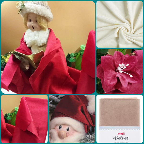 bianco bordeaux cammello rosso Natale tessuto Stafil velluto velvet uso cucito creativo pupazzi Babbo Natale palline albero fiocchi natalizi decorazioni addobbi packaging vetrinistica