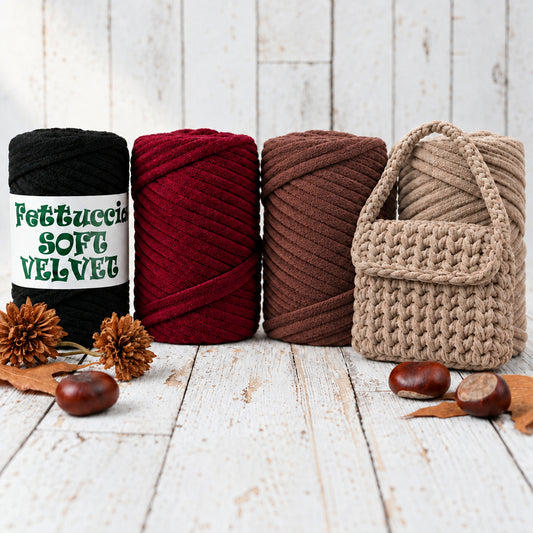 nero bordeaux coccio ruggine marrone scuro fettuccia uncinetto borse MAS velluto velvet soft