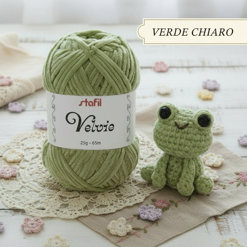 verde pistacchio ciniglia filato velvie stafil filo di lana sottile per crochet uncinetto knitting lavori a maglia vellutino velvet per amigurumi pupazzi peluche bambole rana