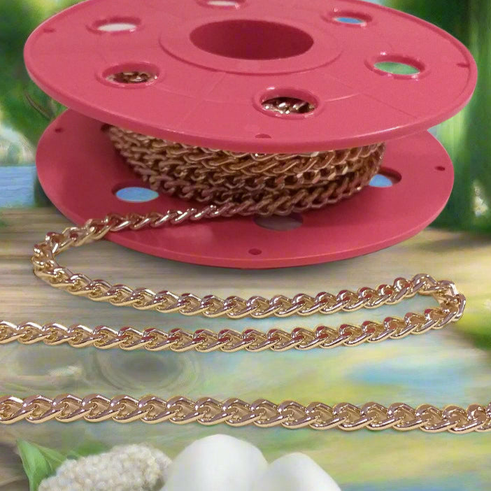 maglina stretta catenella dorata vendita  a rotolo catenina borse uncinetto artigianali fai da te bigiotteria collane bracciali di perline