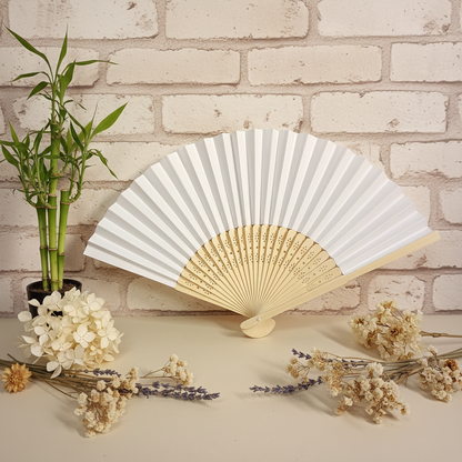 allestimento fiori secchi piantina bambù e ventaglio carta bamboo pieghevole uso bomboniere matrimonio cerimonie estive Battesimo anniversario nozze Comunione