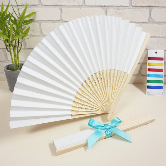 fiocchetto personalizzato colore-tiffani chiaro ventaglio carta bambù pieghevole uso bomboniere matrimonio cerimonie estive Battesimo anniversario nozze Comunione