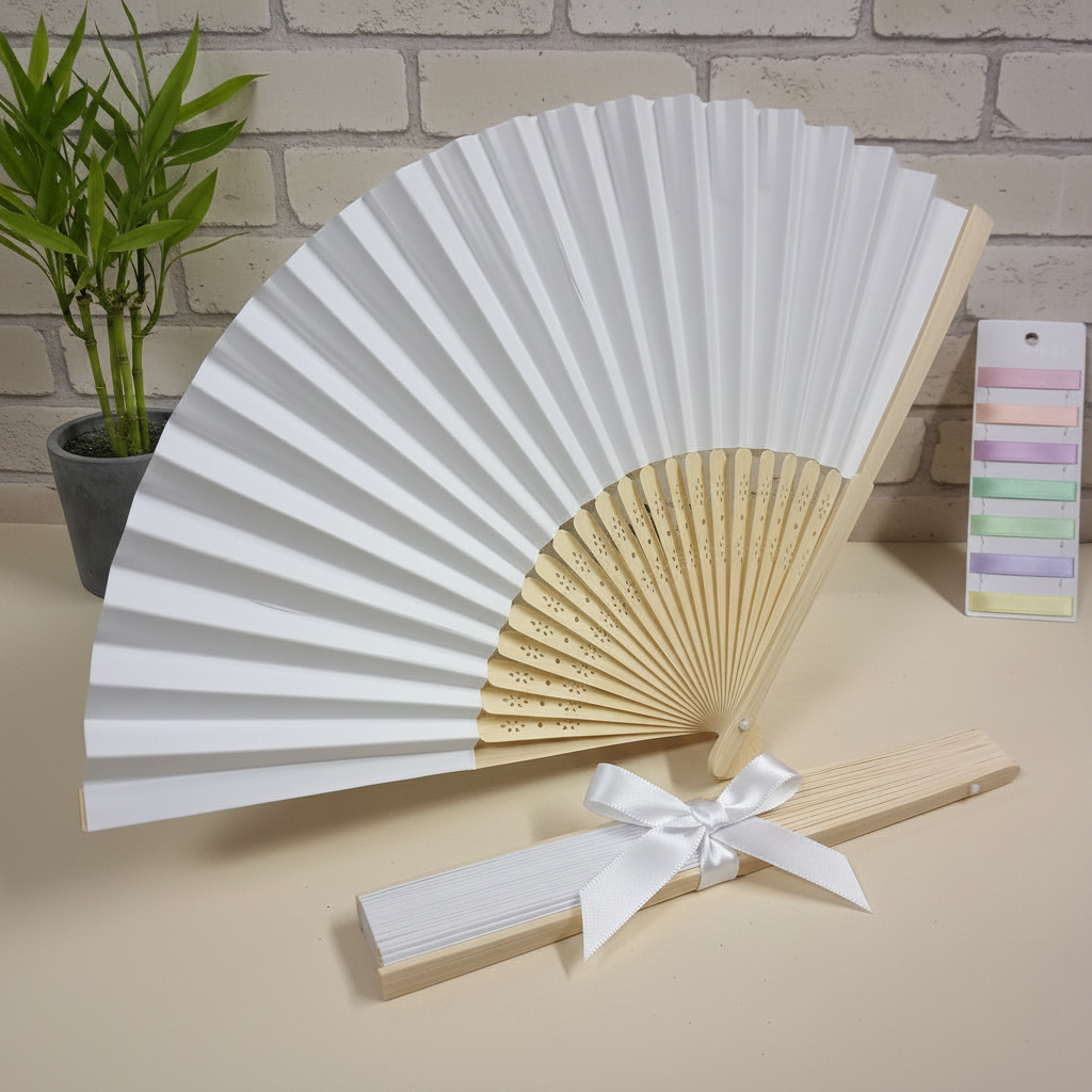 fiocchetto personalizzato colore bianco e nastrini pastello ventaglio carta bambù pieghevole uso bomboniere matrimonio cerimonie estive Battesimo anniversario nozze Comunione