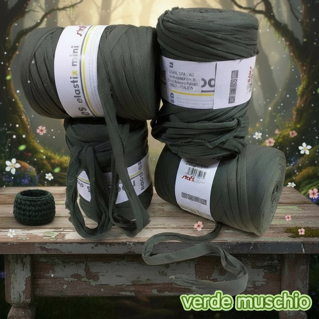 verde muschio scuro stafil t-shirt garn stretch yarn fettuccia elasticizzata maglina cotone noodles per uncinetto borse crochet bags clutch cestini tappeti cuscini collane braccialetti ceste porta enfant scaldacollo natale