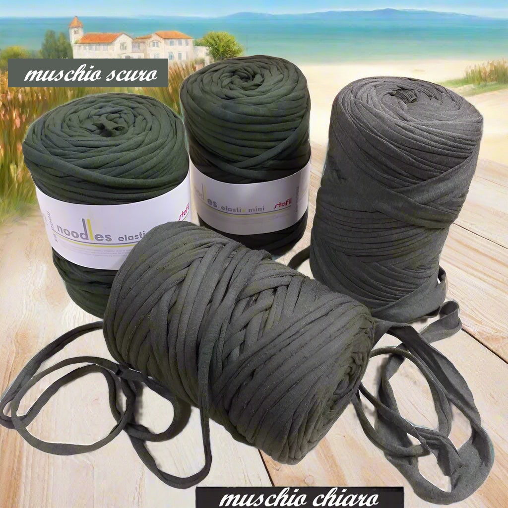 verde muschio chiaro e scuro 119927 stafil t-shirt garn stretch yarn fettuccia elasticizzata maglina cotone noodles per uncinetto borse crochet bags clutch cestini tappeti cuscini collane braccialetti ceste porta enfant scaldacollo natale