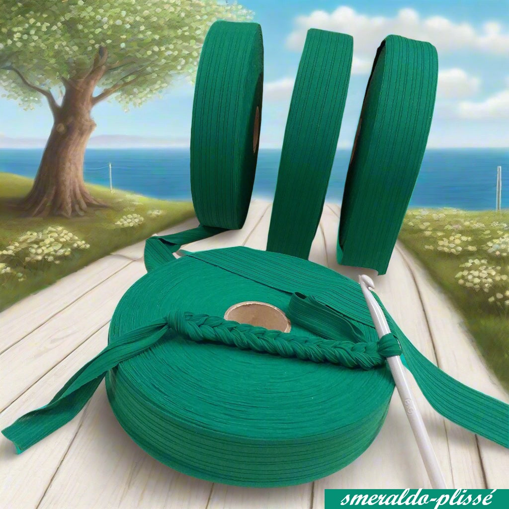 verde smeraldo semaforo plissé shop offerta vendita fettuccia stafil maglina lycra soft-elastica colori moda per pochette, alta pizza larga piatta 4 cm uso borse uncinetto clutch bags crochet amigurumi cestini mare