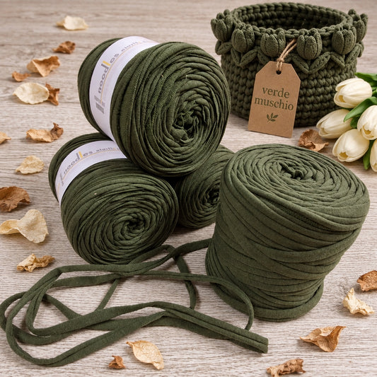 Stafil Noodles elastix verde muschio fettuccia uncinetto cotone con lycra uso cestini tulipani e borse