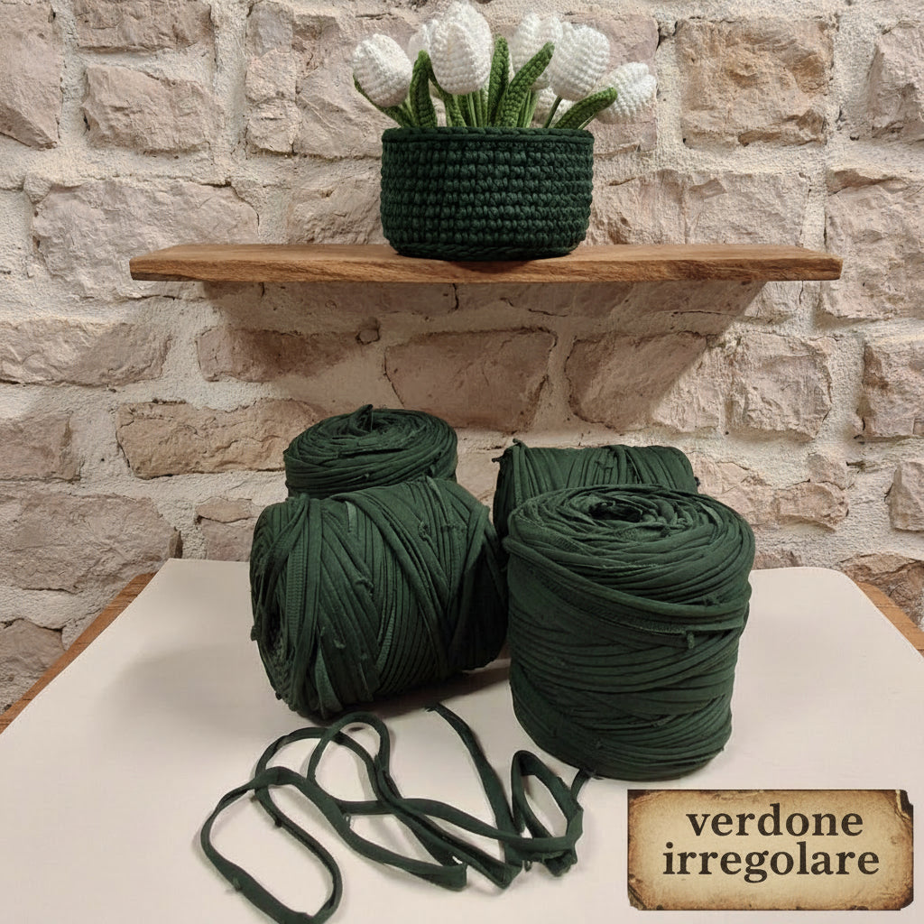colore verdone irregolare 119911 stafil t-shirt garn stretch yarn fettuccia elasticizzata maglina cotone noodles per uncinetto borse crochet bags clutch cestini pasquali tappeti cuscini collane braccialetti ceste porta enfant