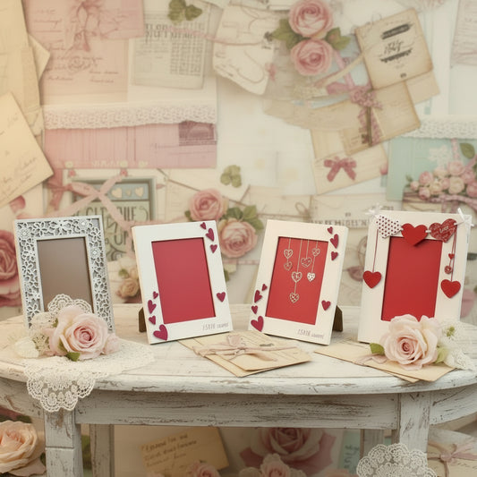 idee regalo san valentino allestimento shabby vintage fiori di stoffa e cornici di san valentino con cuoricini bianche e rosse bomboniere matrimonio comunione