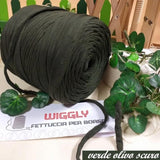 verde olivo scuro Wiggly fettuccia per borse uncinetto crochet bag pochette eco cotone lycra Cucirini Tre Stelle filato yarn garne t-shirt colorato moda fashion abbigliamento tappeti cestini