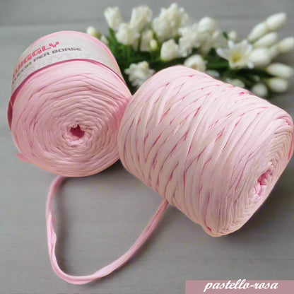 eco cotone lycra rosa chiaro pastello fettuccia wiggly cucirini tre stelle per borse uncinetto cestini pochette clutch bags sacche zainetti amigurumi lavori crochet filato yarn garne t-shirt colorato moda fashion abbigliamento 