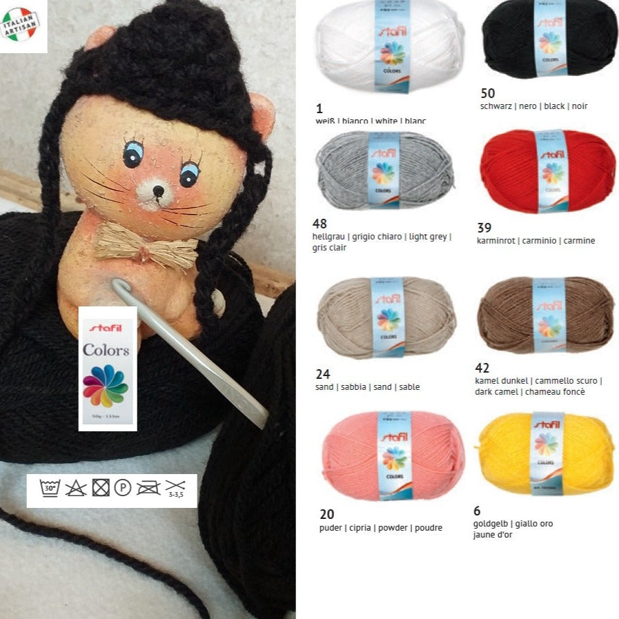 8 colori Stafil colors catalogo lana acrilica economica sintetica offerta filati gomitoli poliestere per uncinetto e lavori ai ferri a maglia uso sferruzzare amigurumi sciarpe maglioni copertine bambini decorazioni natalizie pasquali