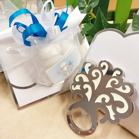 vendita offerta negozio online stock bomboniere matrimonio apribottiglie cavatappi albero della vita bianco con bustina confezionato confetti Prima Comunione Cresima maschietto bambino