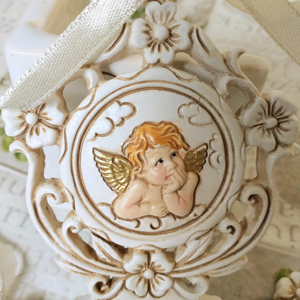 DRW Set di 2 angioletti seduti con ali grandi in resina dipinti a mano 10 x 10 x 25 cm
