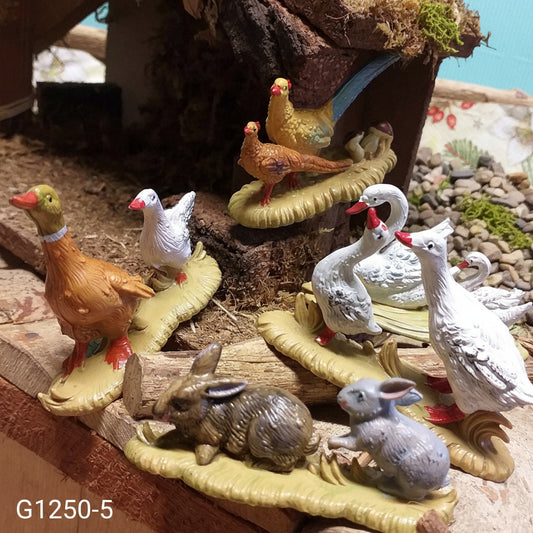 gruppi animaletti anatre oche coniglio gallo gallina fagiani cigni animali Presepe statuine resina in miniatura decorazioni mini giardino natalizi piante alberi bonsai centrotavola