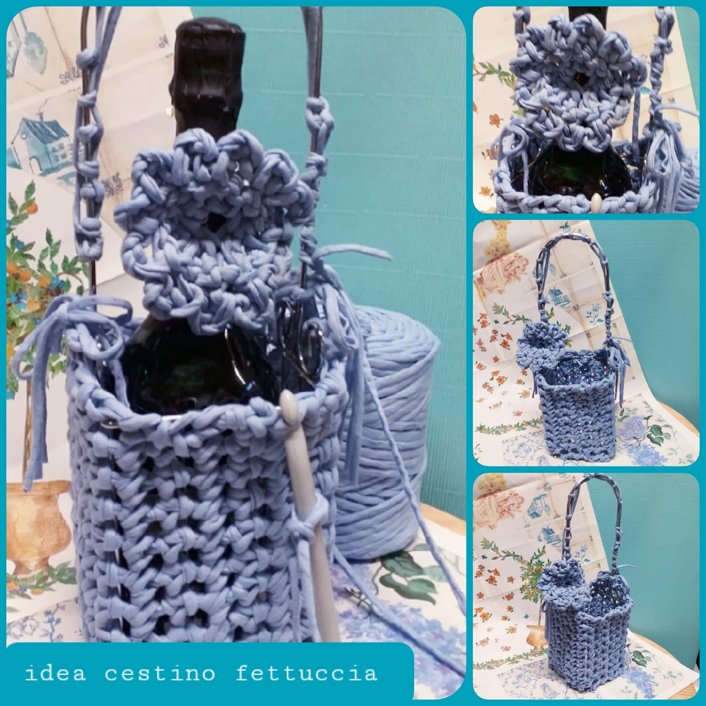 idea fai da te cestino fettuccia uncinetto lavanda con base fondo metallo struttura rigida corda spago uso confezioni regalo enogastronomia pasquali