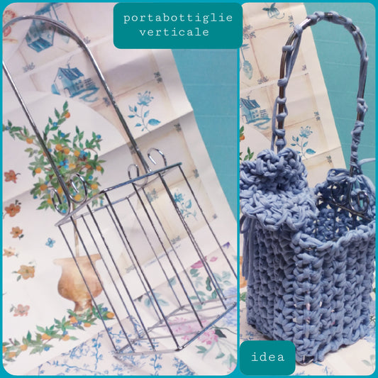 portabottiglie verticale base fondo metallo struttura rigida per cestino uncinetto di corda spago fettuccia fai da te confezioni regalo enogastronomia pasquali azzurro lavanda