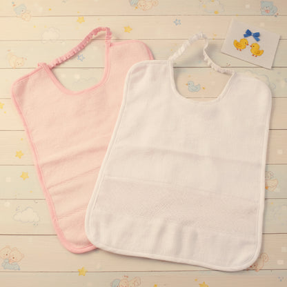 rosa bianco bavaglia per punto croce, bavaglini da ricamare con spugna ciniglia e tela aida con elastico, uso prima pappa scuola infanzia asilo corredino coordinato bimbo bimba maschietto femminuccia