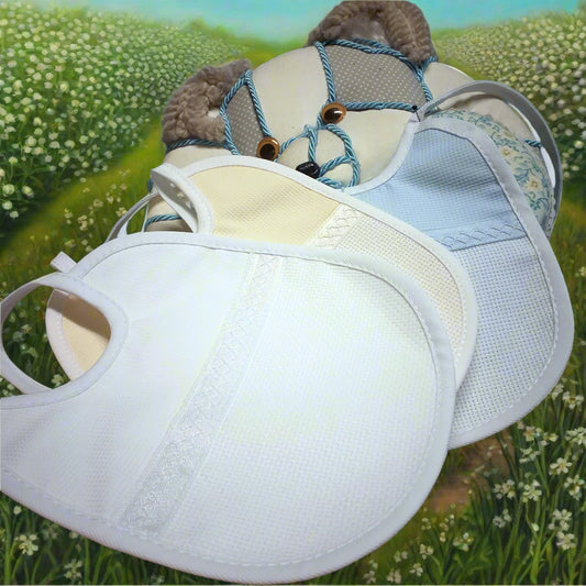 bianco giallo azzurro celeste stock 3 x 2 offerta vendita online bavaglini bambini neonati economici cotone nido d'ape pizzo bavette tela aida ricamo e punto croce da ricamare