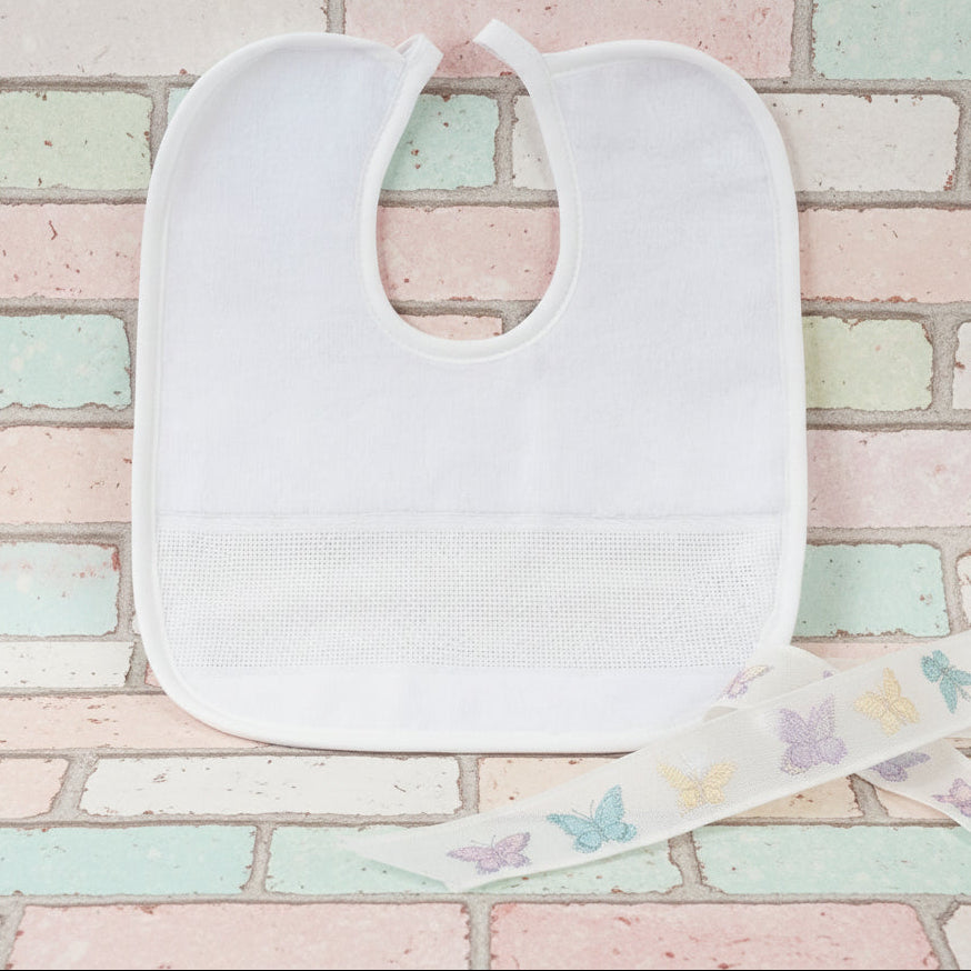 bianco bavaglini di spugna ciniglia con laccio prima pappa asilo tela Aida da ricamo punto croce per bambini idee schemi farfalle
