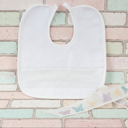 bianco bavaglini di spugna ciniglia con laccio prima pappa asilo tela Aida da ricamo punto croce per bambini idee schemi farfalle