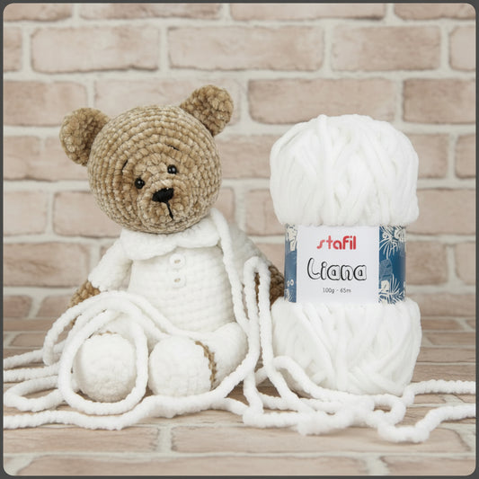 colore bianco lavori a maglia ciniglia lana Stafil Liana gomitolo 100 g 65 metri filato idea schemi uncinetto cartamodelli pupazzo amigurumi orsacchiotto bambola