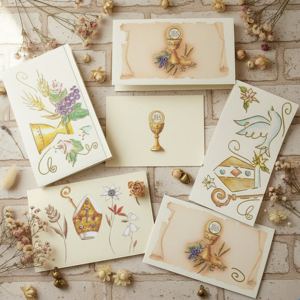 negozio bigliettini bomboniere e confetti per Prima Comunione Santa Cresima simboli Calice Mitria spighe uva pastorale colomba
