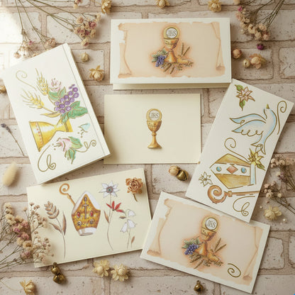 negozio bigliettini bomboniere e confetti per Prima Comunione Santa Cresima simboli Calice Mitria spighe uva pastorale colomba