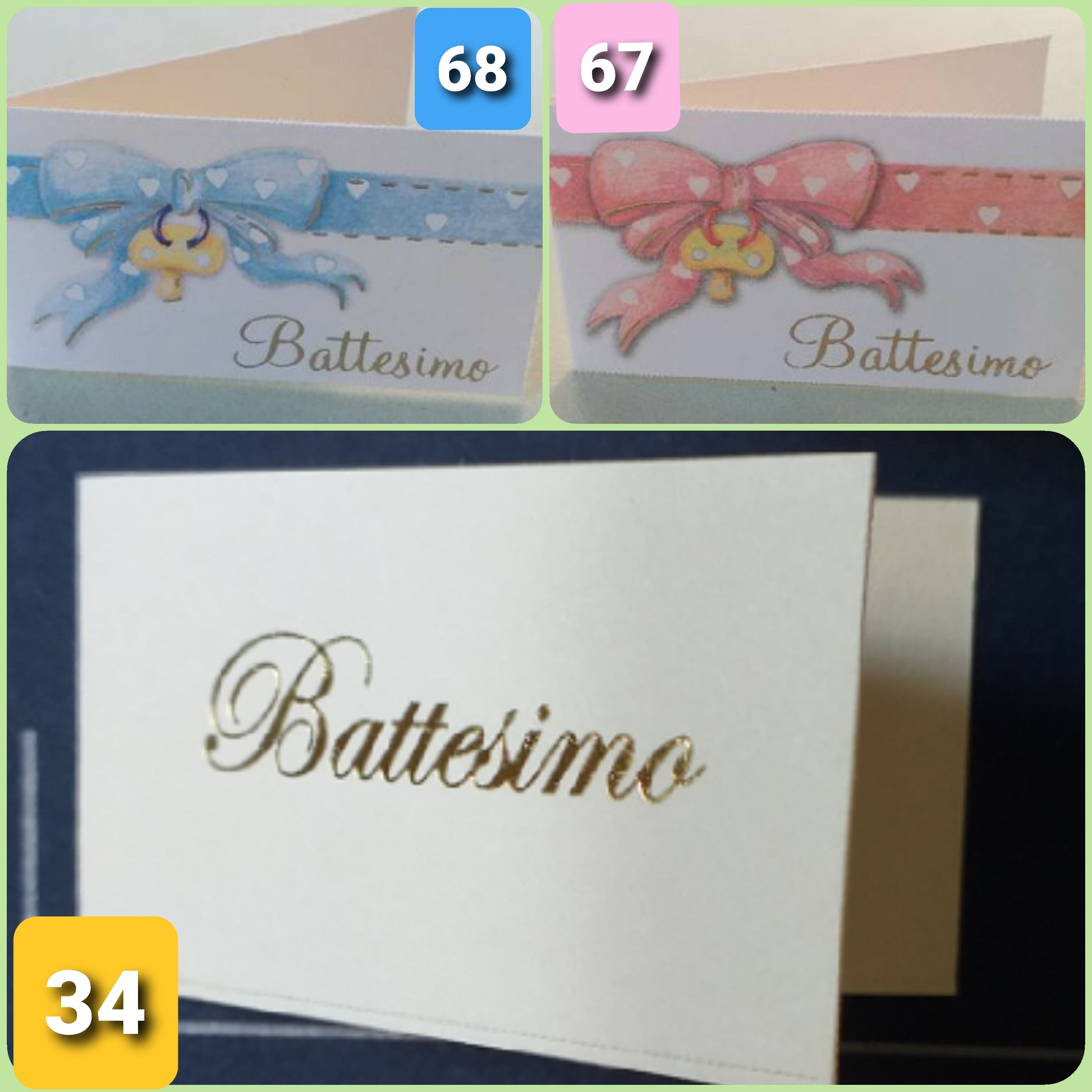 Bigliettini bomboniere nascita e scritta Battesimo oro a caldo fai da te o stampati con fiocco rosa celeste azzurro ciuccio