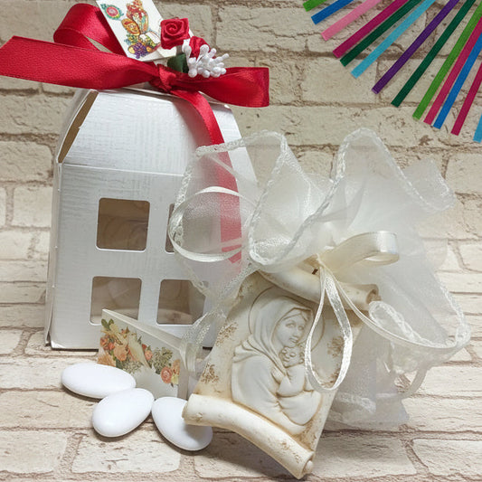 icona Maternità sacra religiosa Madonna Maria madre di Gesù Bambino rappresentazione forma pergamena per bomboniere nascita Battesimo Cresima matrimonio Comunione confezionate bianco panna rosso