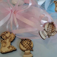 sacchetto caramella rosa bomboniera 1 euro ciondoli legno angelo mappamondo