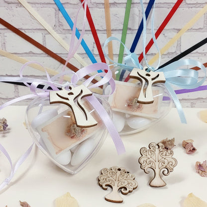 cuore ciondolo albero della vita legno Croce Tau sacra francescana confezione rosa lilla celeste confetti bianchi bomboniere Comunione cuoricini Cresima matrimonio