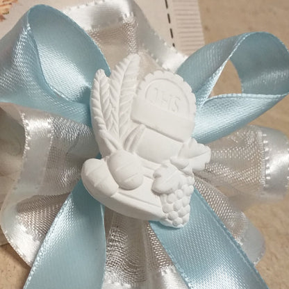 gessetto JHS spighe grano uva pane simboli Comunione per bomboniere segnaposto coccarda di nastro uso chiudipacco regalo scatole pensierini maestre catechisti bambini amici