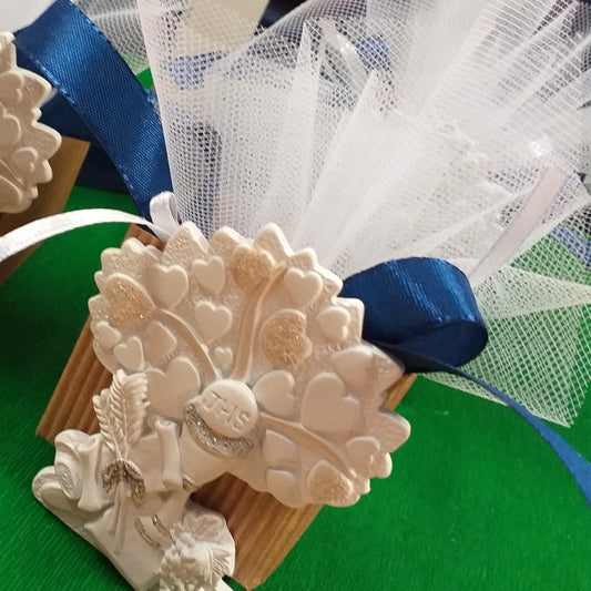albero della vita cuoricini con simboli Calice spighe uva icona sacra religiosa bomboniere Prima Comunione Santa Cresima confezionata confetti versione nastro blu per bambino maschietto