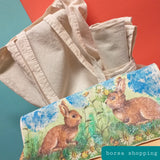 borsa shopping stoffa cotone chiaro da dipingere con colori da tessuto pastelli e pennarelli e decoupage pasquale coniglietti