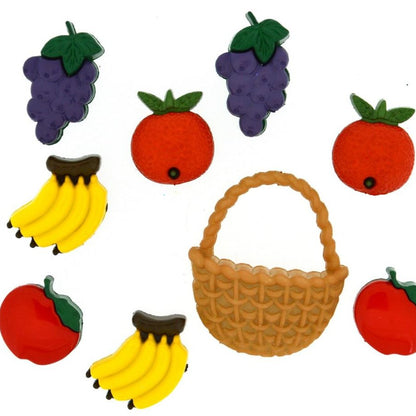 tema cesto e fruttini uva arance banane mele bottoni decorativi particolari colorati uso fai da te bigiotteria estiva bomboniere hobby cucito creativo accessori decorazioni borse confezionamento packaging
