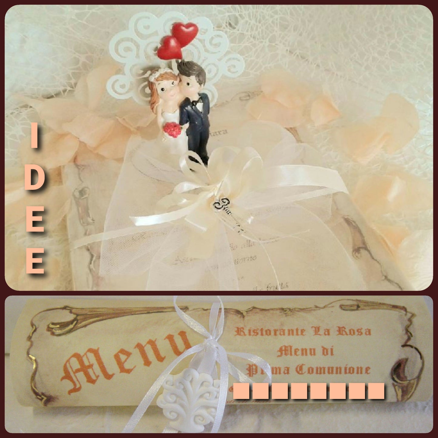 idee matrimonio Comunione menu Carta pergamena decorata made in Italy da stampare scrivere e fai da te cornice oro a caldo A4