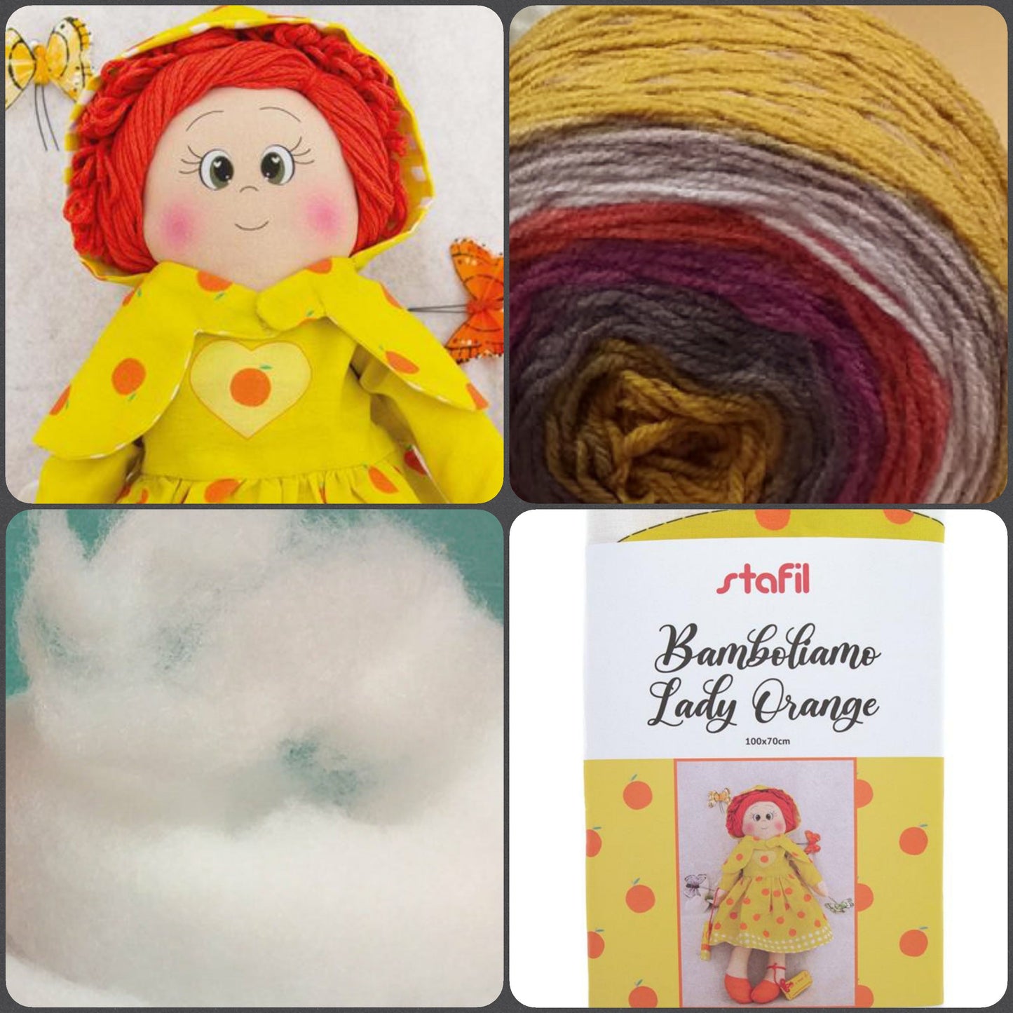 Lady Orange giallo arancione lana imbottitura e 100 x 70 cm pannello Bamboliamo Doll Stafil tessuto cartamodelli stampati disegnati per bambole di stoffa pezza cucito creativo pigotta fatta a mano