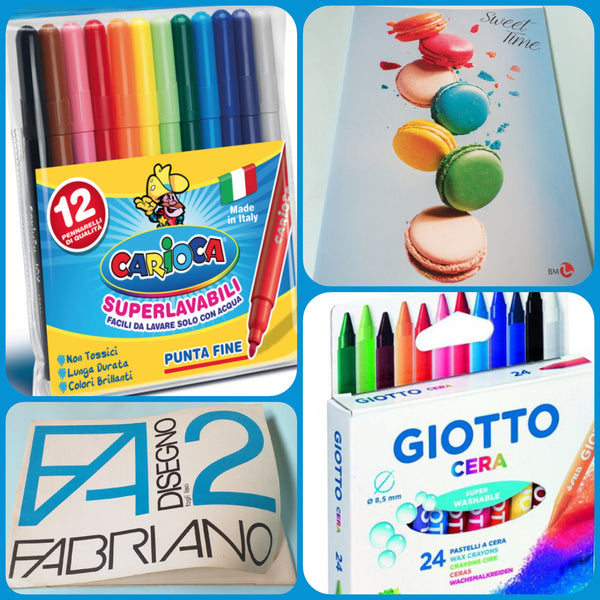 Pastelli a cera colori Giotto pennarelli Joy Carioca materiale per bambini confezione regalo scuola elementare album disegno quaderno a quadretti