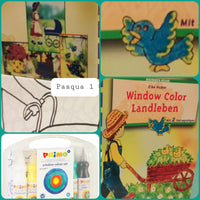 Vetrina negozio colori lavoretti bambini Pasqua Primo Window color valigetta flaconi per finestre disegni schemi cartamodelli